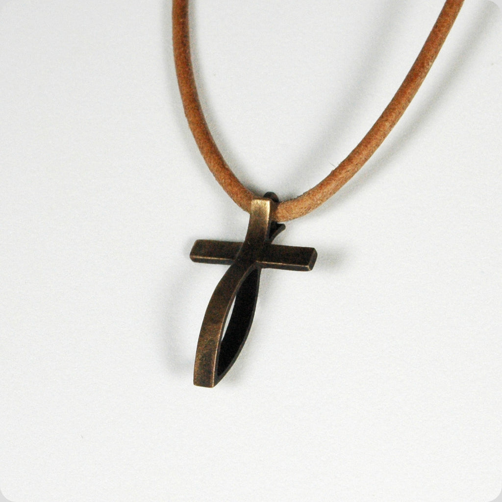 Small Antiqued Bronze Fish Cross Pendant