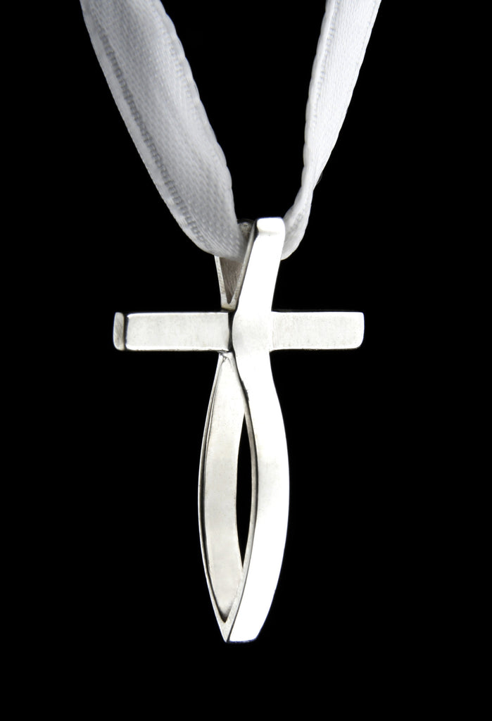 Small white gold fish cross pendant